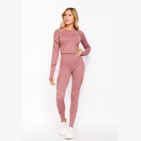 Seamless Macramé Laser Cut Long-sleeved Two Piece Sport Set - Seamless - Picture 4 of 4